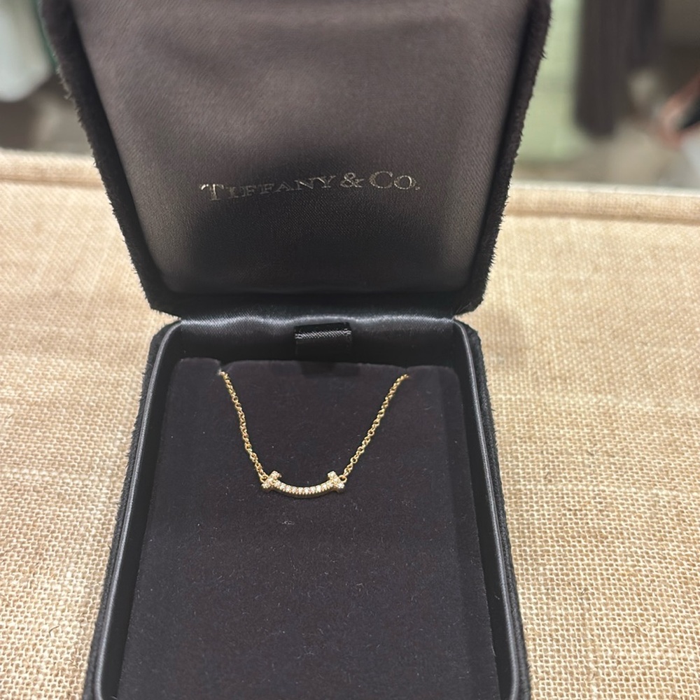 Authentic Tiffany T smile Gold Necklace with diamonds